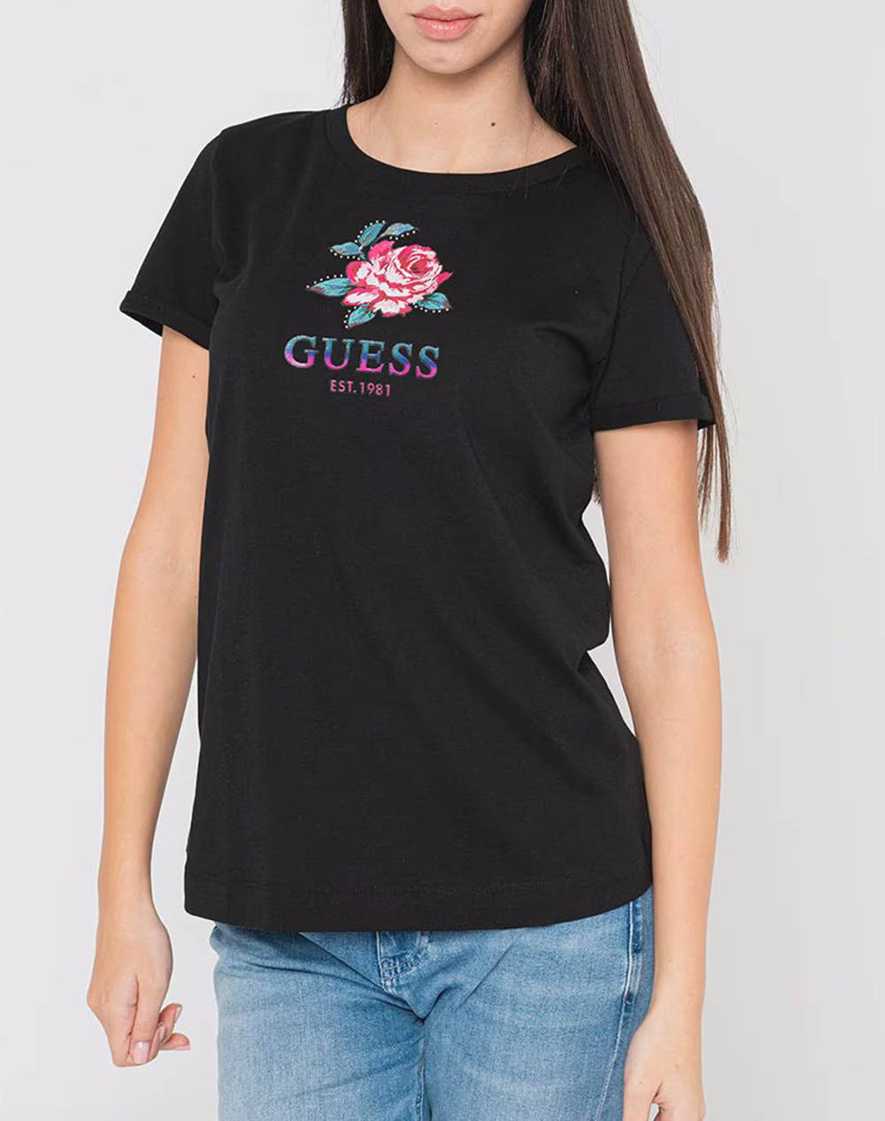 GUESS SS CN GLITTERY ROSE TEE BLUZA DE DAMA