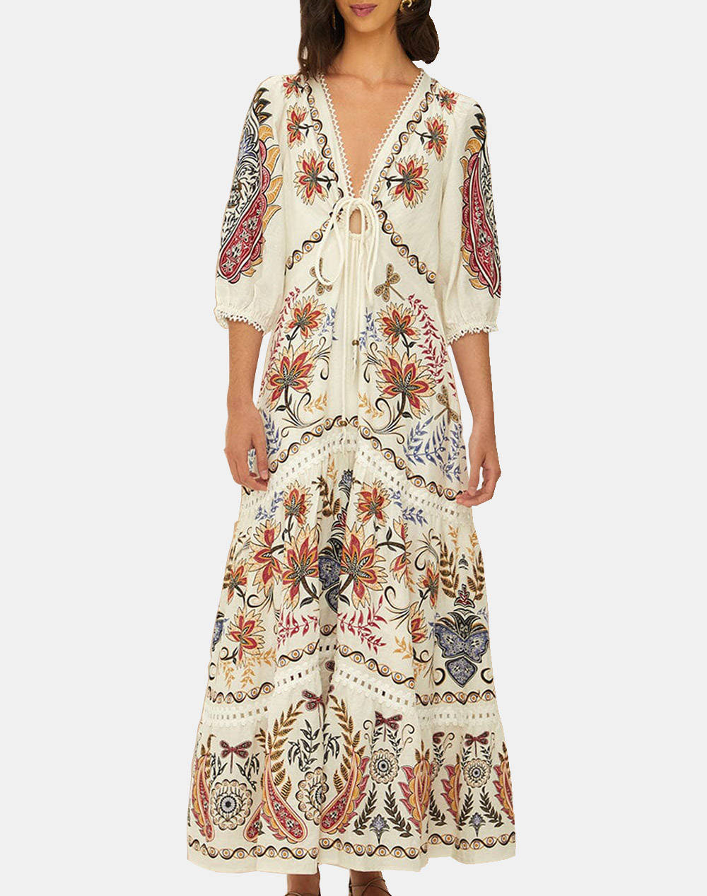 FARM RIO BOHO GLAM OFF-WHITE MAXI DRESS