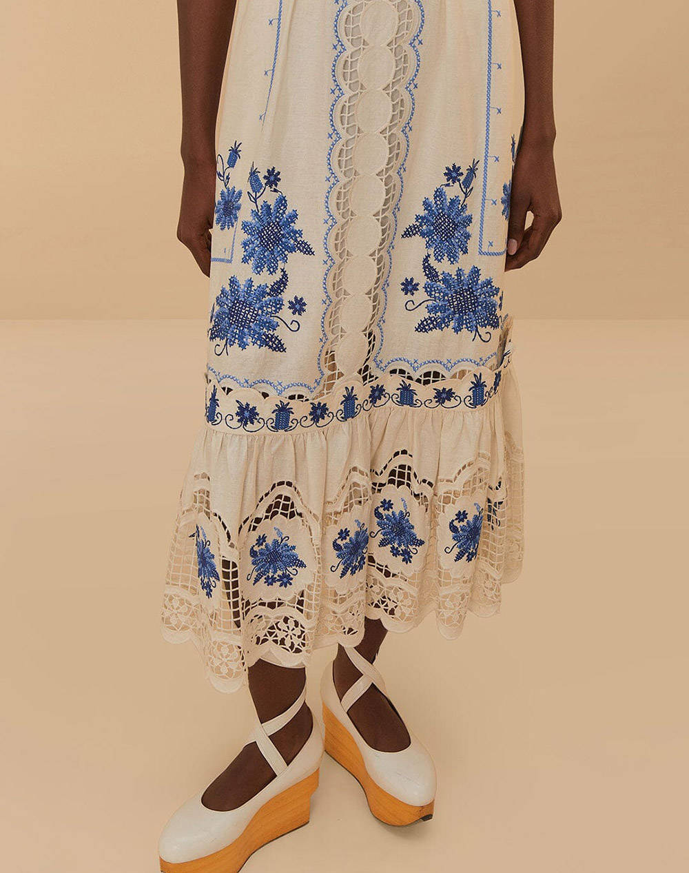 FARM RIO CROSS STITCH RICHELIEU SUNFLOWER OFF-WHITE MIDI DR