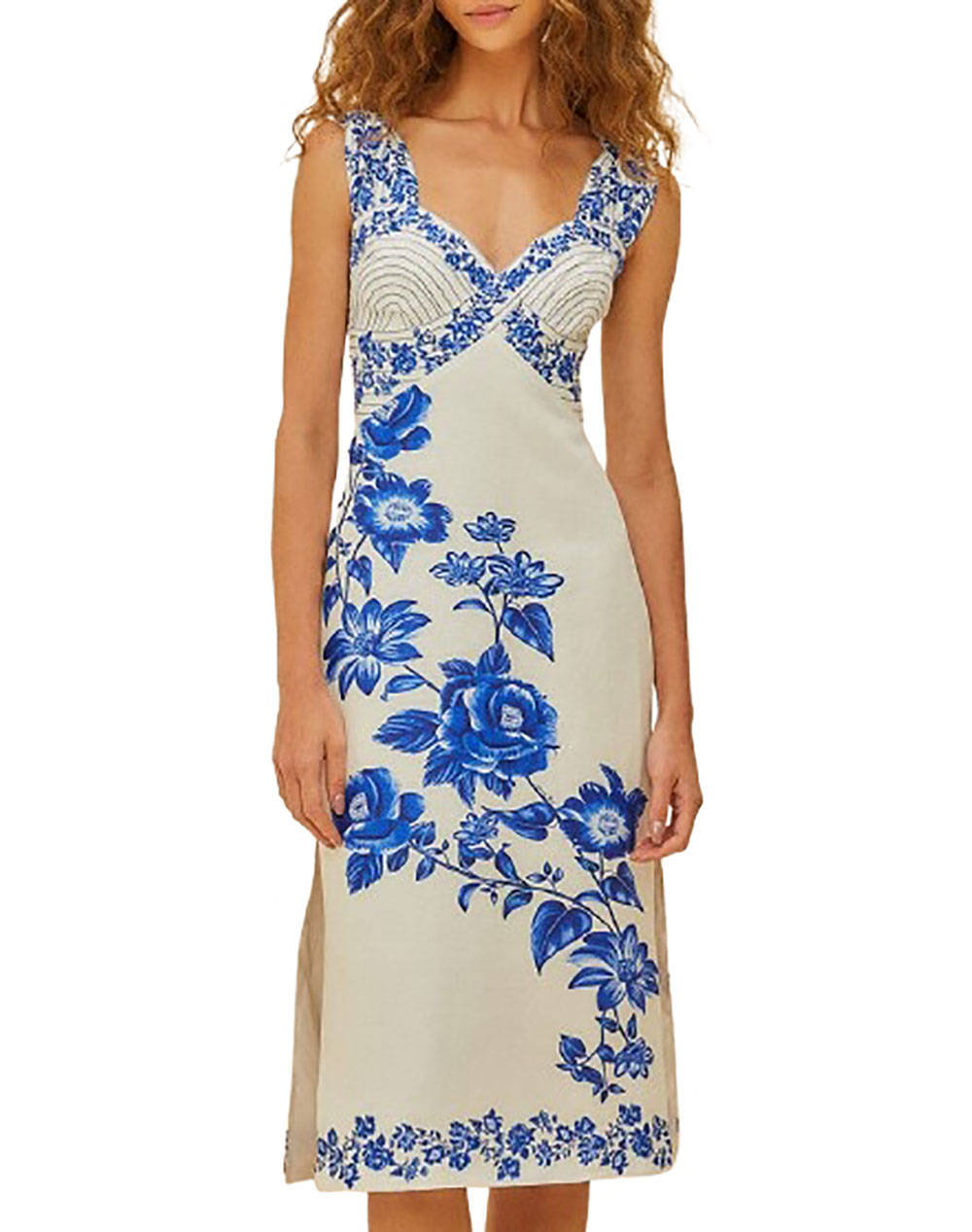 FARM RIO BLUE FLORAL CASCADE OFF-WHITE WAVY SLEEVELESS MIDI