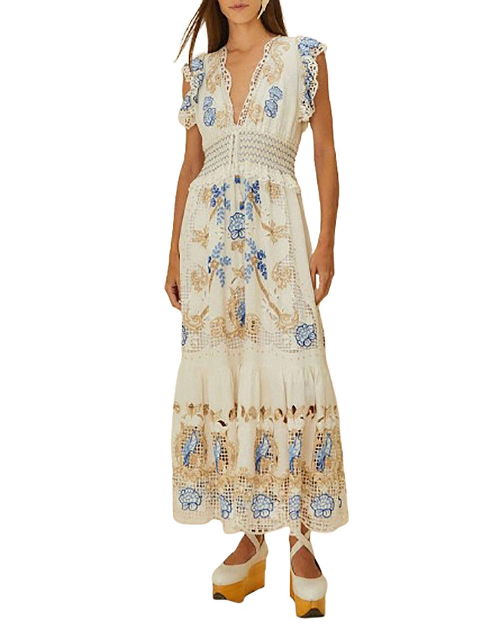 FARM RIO ROMANTIC RICHELIEU OFF-WHITE MAXI DRESS