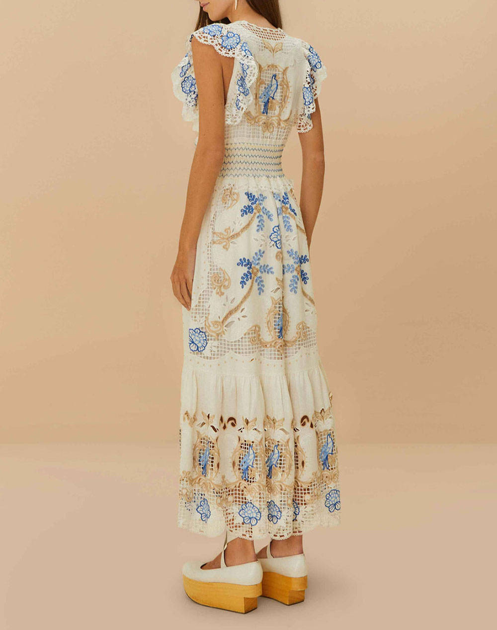 FARM RIO ROMANTIC RICHELIEU OFF-WHITE MAXI DRESS