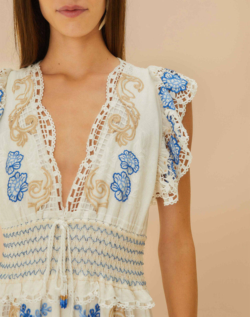 FARM RIO ROMANTIC RICHELIEU OFF-WHITE MAXI DRESS