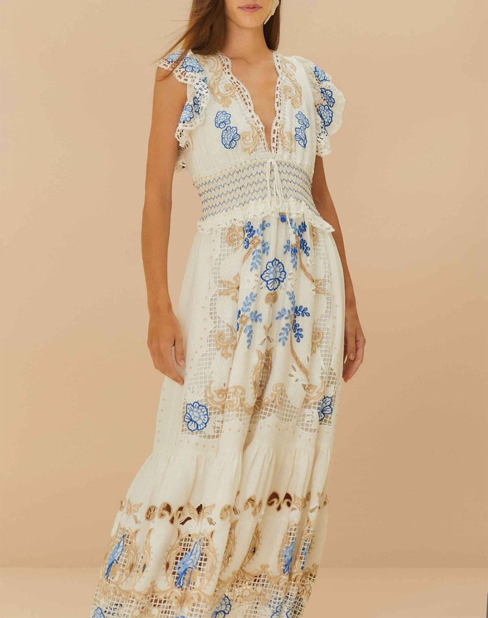 FARM RIO ROMANTIC RICHELIEU OFF-WHITE MAXI DRESS