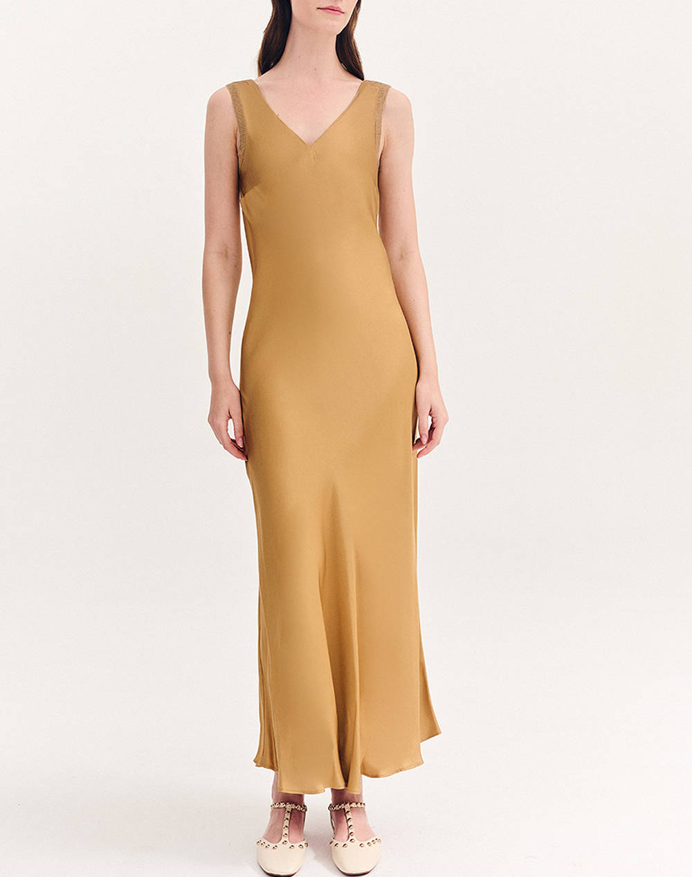 FOREL Rochie din satin lunga cu nervuri