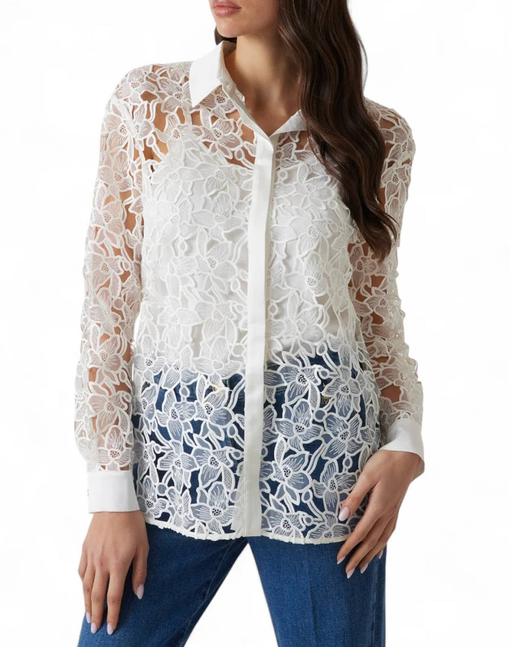 GUESS MARCIANO LIU EMBROIDERY LONG - EMBROIDERY POLY ORGANDY CAMASA DE DAMA