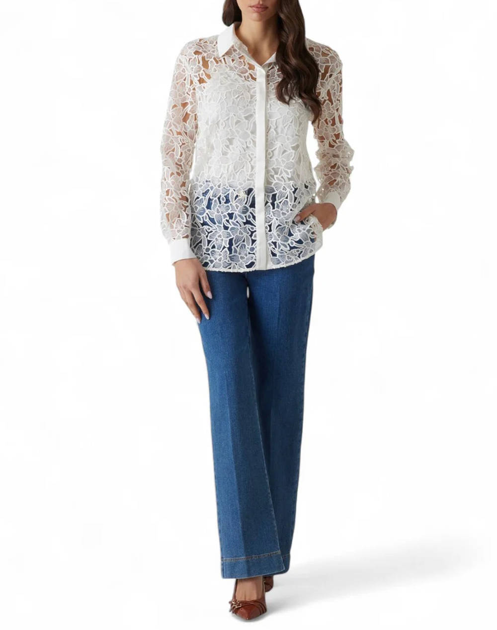 GUESS MARCIANO LIU EMBROIDERY LONG - EMBROIDERY POLY ORGANDY CAMASA DE DAMA