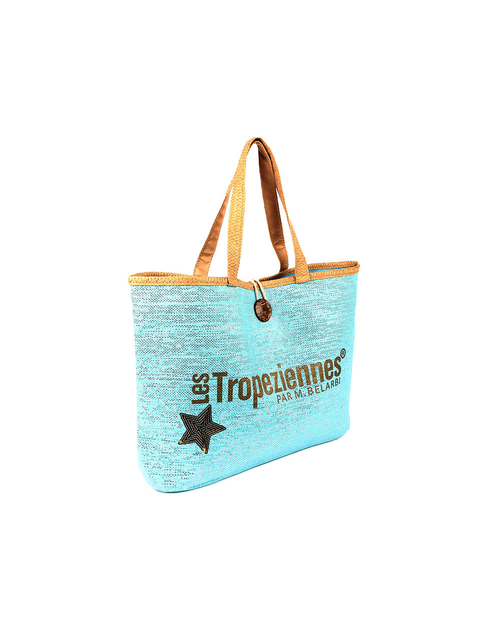 LES TROPEZIENNES PAN-TZ-01 GEANTA DE PLAJA MATERIAL CU LITERE TURQUOISE (Dimensiuni: 50 x 36 x 15cm.)