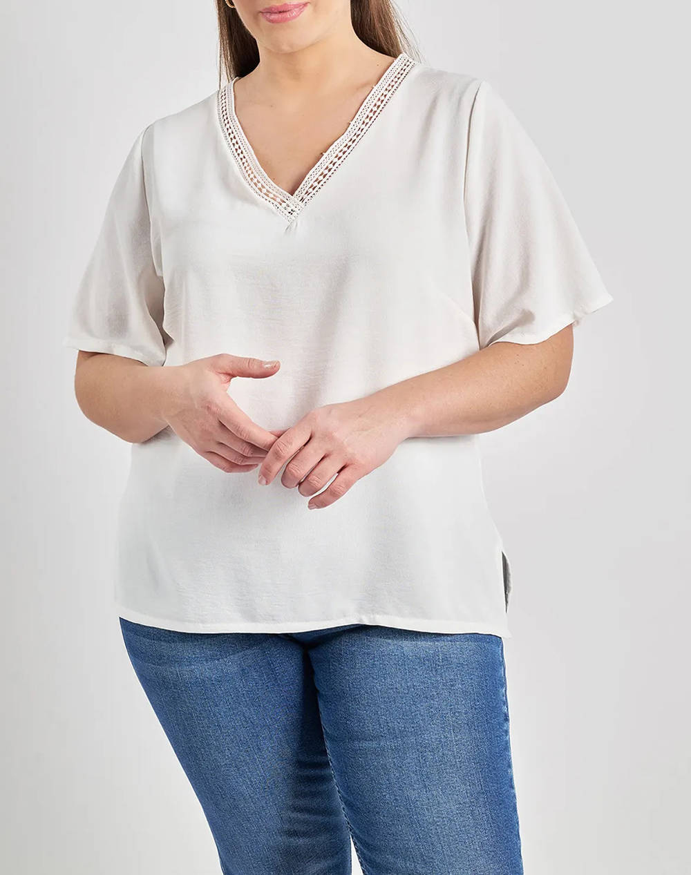 PARABITA Bluza washed in relief cu franjuri pe V