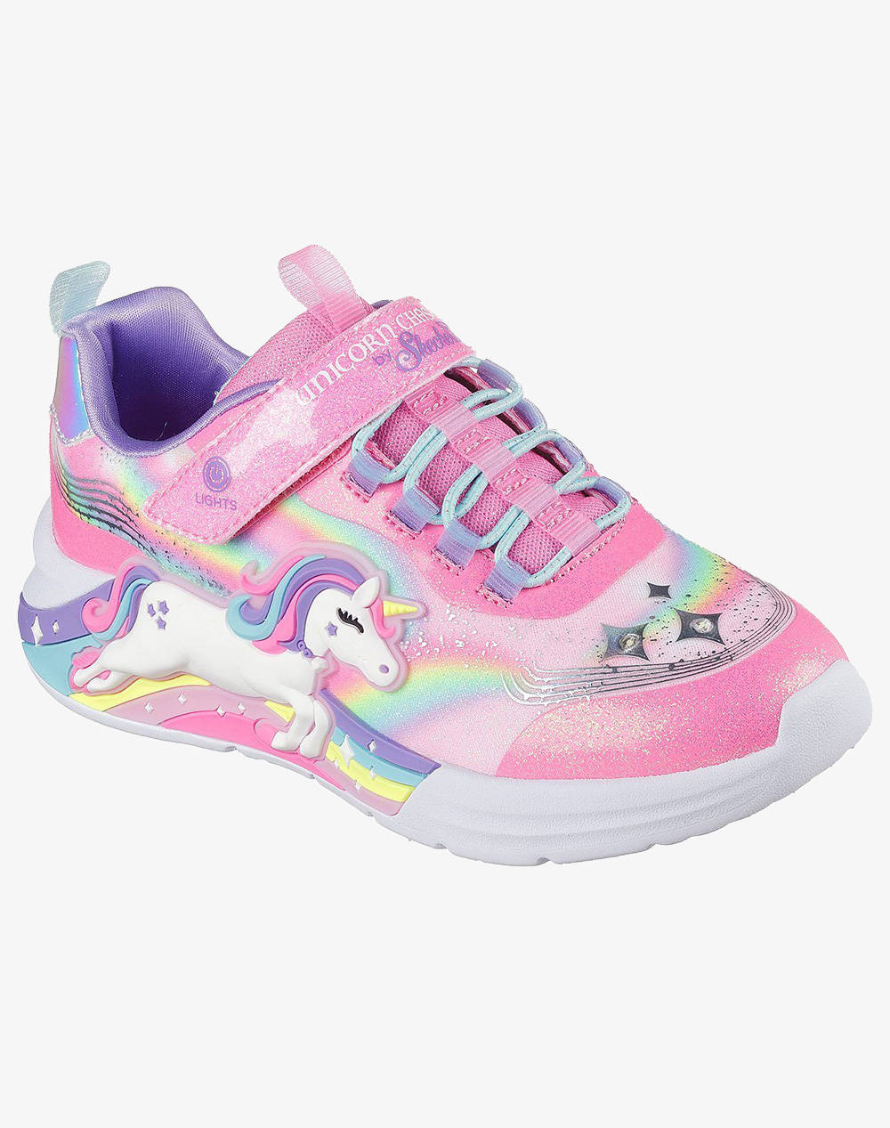 SKECHERS Lighted Unicorn Bungee & Gore Sneaker W/ Rainbow Glitter Print Upper