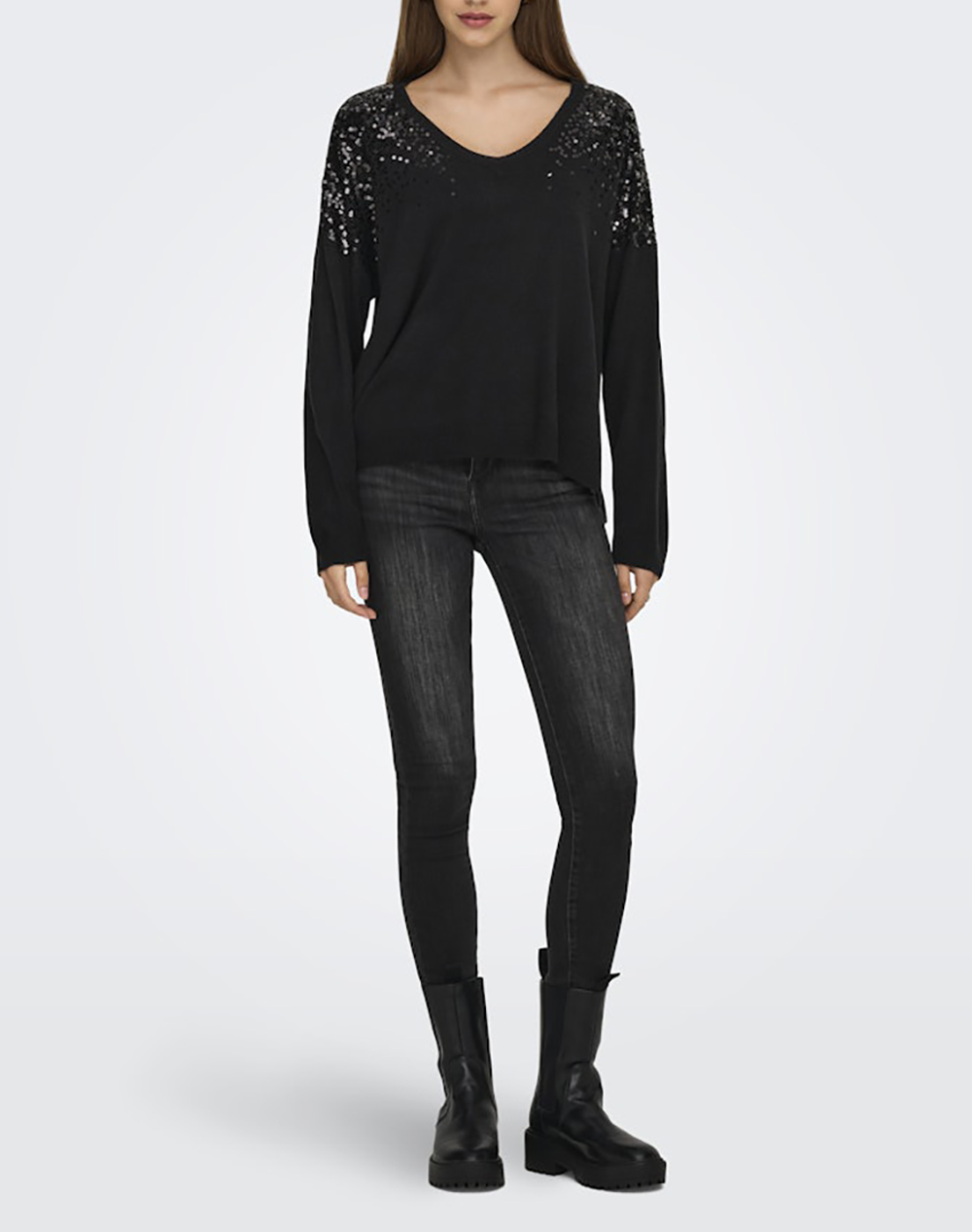 ONLY ONLSTARRY LS SEQUIN BOXY V-NECK KNT