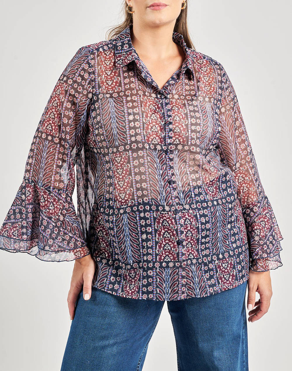 PARABITA Camasa boho din chiffon cu imprimeu