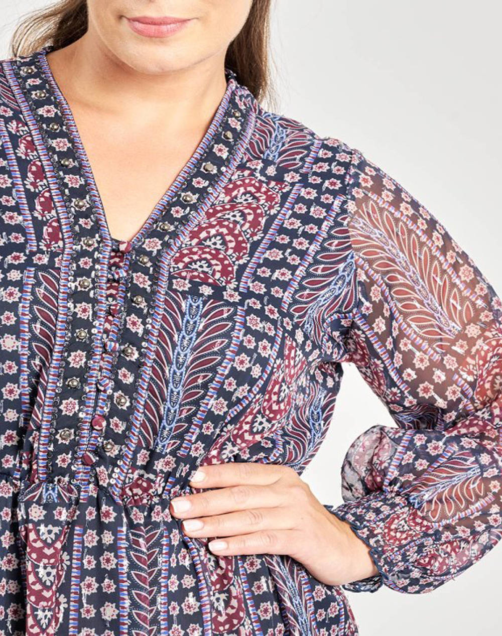 PARABITA Rochie mini din chiffon boho imprimeu cu detalii din paiete