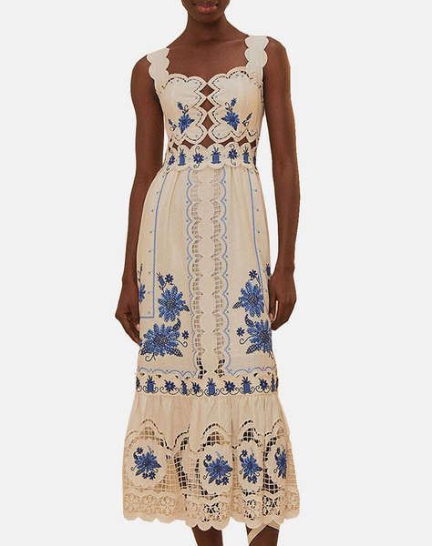 FARM RIO CROSS STITCH RICHELIEU SUNFLOWER OFF-WHITE MIDI DR