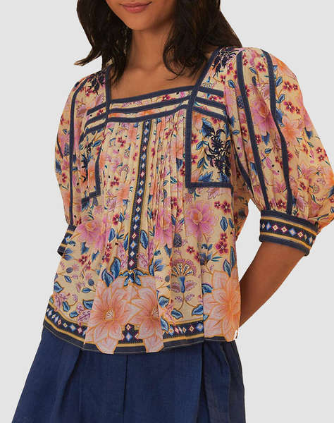 FARM RIO SUPERBLOOM TAPESTRY CREAM SQUARE NECKLINE BLOUSE