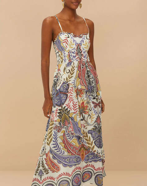 FARM RIO BOHO GLAM OFF-WHITE LOOPY CUPS MAXI DRESS