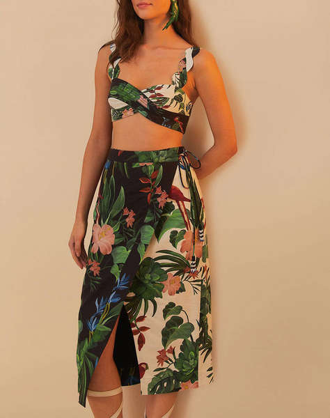 FARM RIO MIDNIGHT MACAW FIESTA MIX MIDI SKIRT