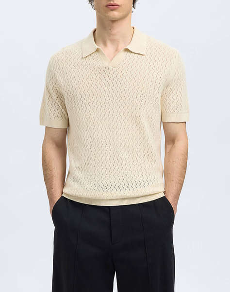 SELECTED SLHLINO SS KNIT CROCHET OPEN POLO