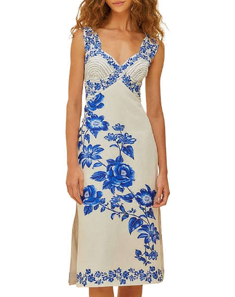 FARM RIO BLUE FLORAL CASCADE OFF-WHITE WAVY SLEEVELESS MIDI