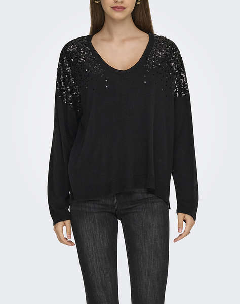 ONLY ONLSTARRY LS SEQUIN BOXY V-NECK KNT