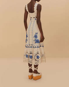 FARM RIO CROSS STITCH RICHELIEU SUNFLOWER OFF-WHITE MIDI DR