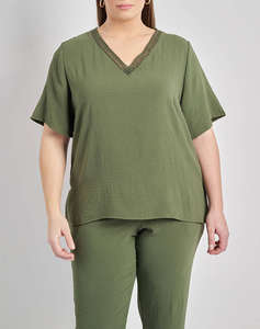 PARABITA Bluza washed in relief cu franjuri pe V