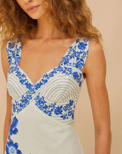 FARM RIO BLUE FLORAL CASCADE OFF-WHITE WAVY SLEEVELESS MIDI