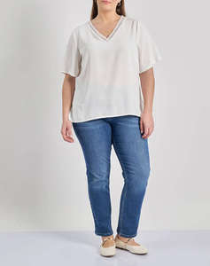 PARABITA Bluza washed in relief cu franjuri pe V